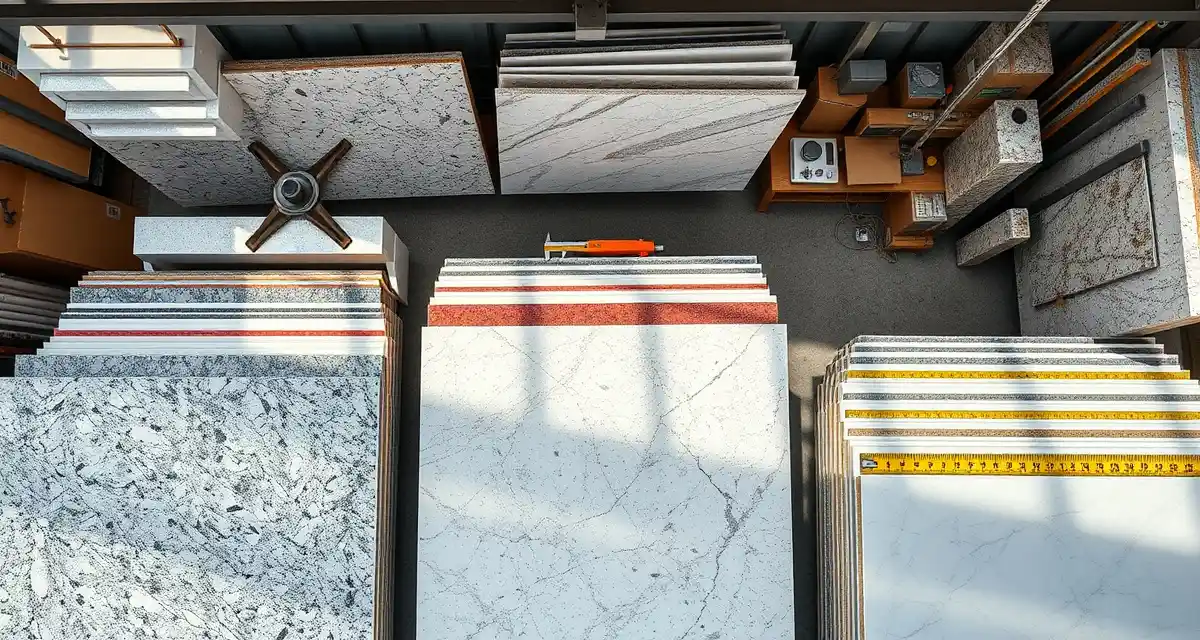 Stone countertop fabrication workshop displaying slab waste benchmarks and material efficiency metrics by type and shop size.