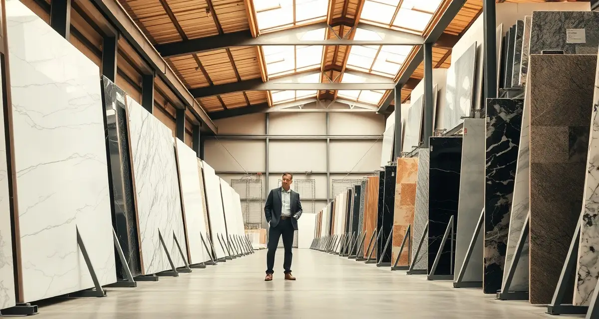 Customer browsing natural stone and quartz slabs displayed on A-frame racks in a professional slab yard warehouse with organized rows of materials.