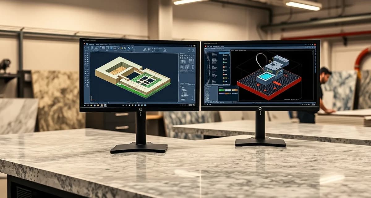 Side-by-side comparison of SlabSmith design software and Alphacam CAD/CAM system on computer monitors in a countertop fabrication shop