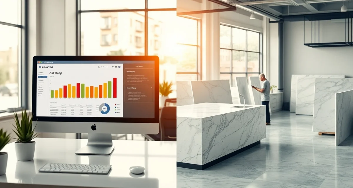 Comparison of QuickBooks accounting software versus purpose-built shop management system for stone countertop fabrication businesses.
