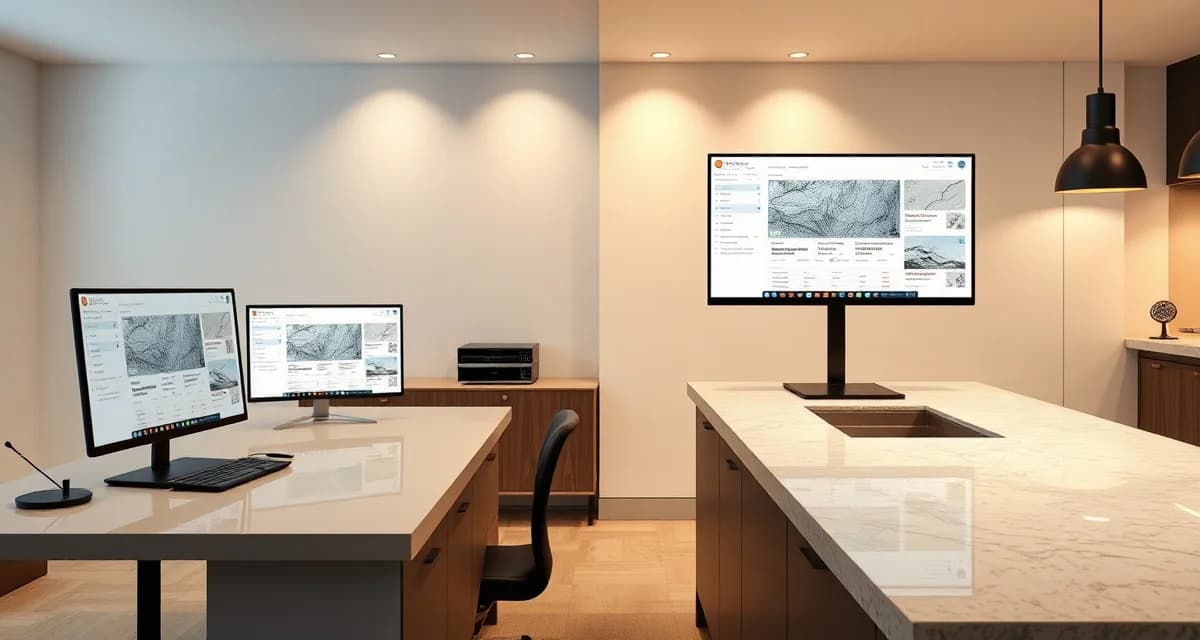 Comparison of SlabWise and Quote Countertops fabrication management platforms with dashboard interfaces and countertop materials