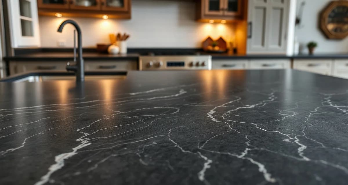 Dark soapstone countertop with natural patina installed in modern kitchen, showing premium stone surface quality and finish