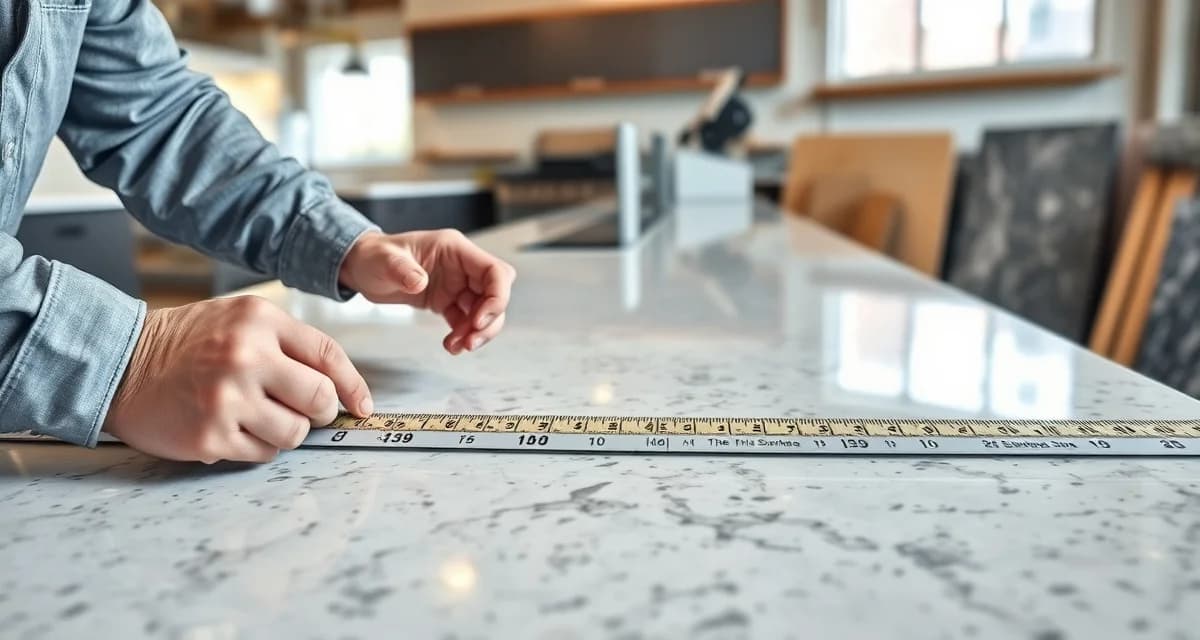 Measuring granite countertop square footage for pricing calculation in stone fabrication shop