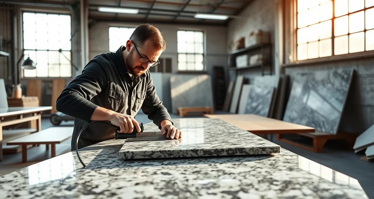 Stone countertop fabrication process showing measurement and templating work in a professional shop with skilled craftsman