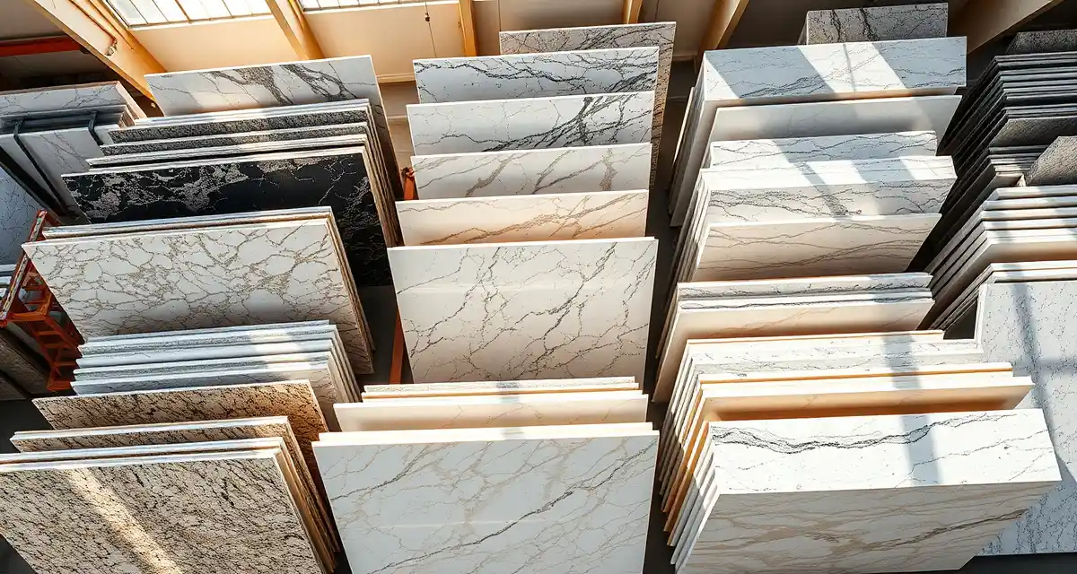 Stone countertop slabs in a professional fabrication shop showing the variety of granite and quartz materials available in the 2026 stone industry market.