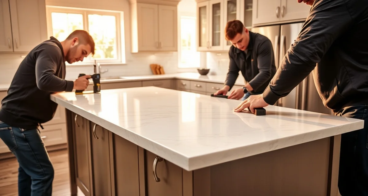 Professional fabricators installing a premium stone countertop slab with leveling tools and precision measuring equipment in a modern kitchen