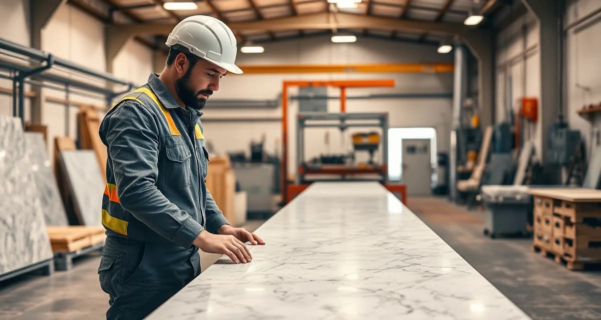 Experienced stone fabricator inspecting a granite countertop slab in a professional fabrication shop workshop.