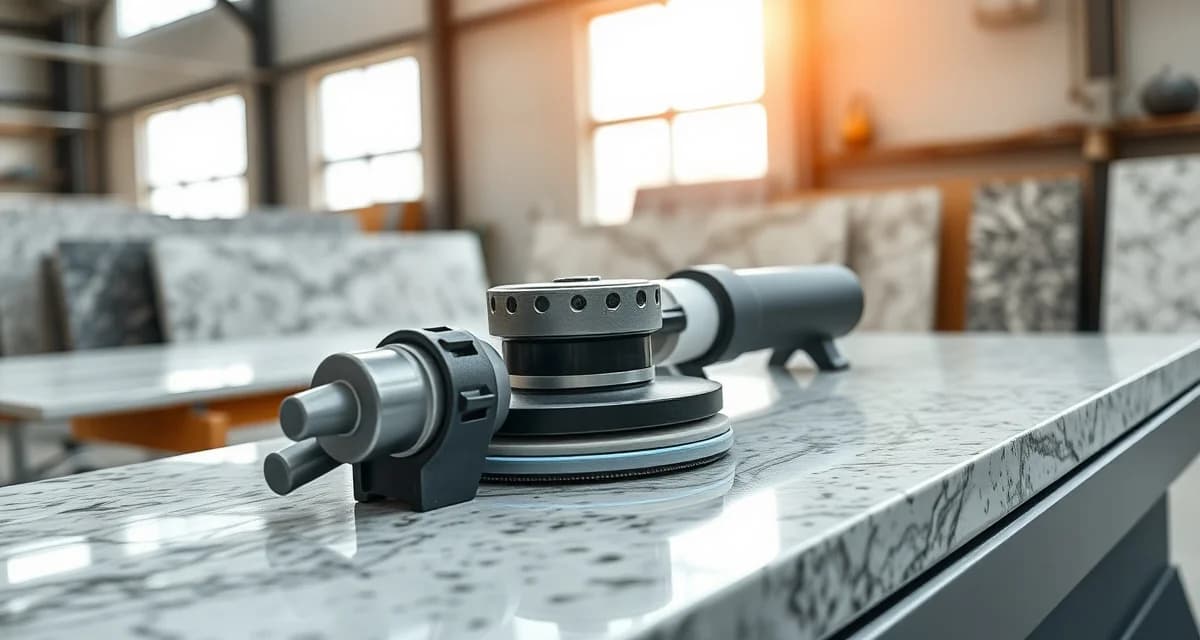 Professional-grade polishing machine for stone countertop fabrication with digital controls and water system attachment.