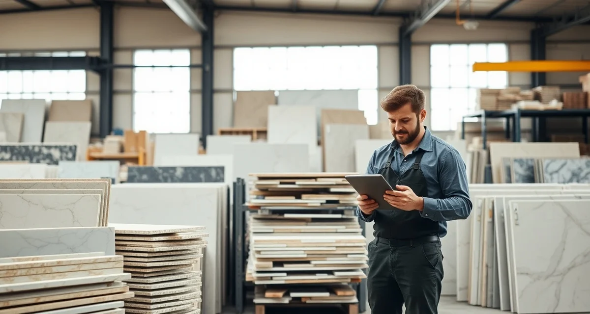 Stone countertop fabrication shop with organized remnant scrap pieces on racks, showing effective waste management and inventory tracking systems.