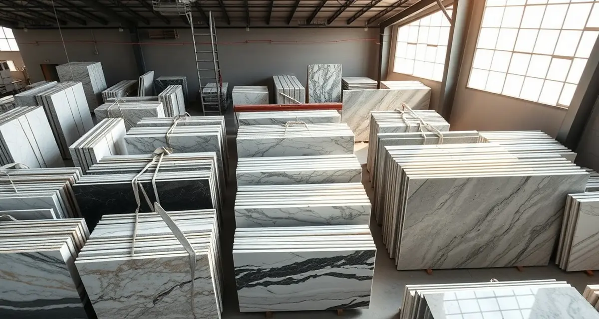 Organized stone slab lots grouped by quarry bundles showing color and pattern consistency in fabrication shop inventory