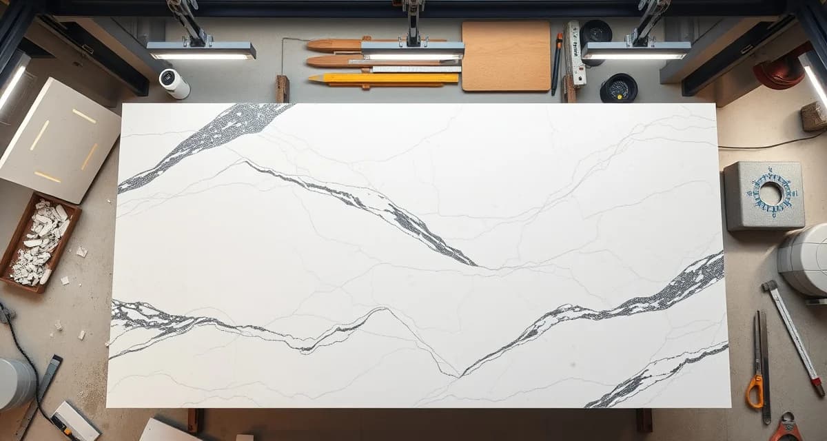 Stone countertop waste rate calculation showing fabrication scrap and usable material organized in a professional shop setting.