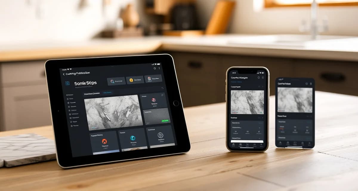 StoneApp mobile fabrication management software interface displayed on tablet and smartphone screens for stone countertop shops