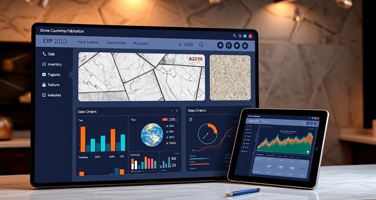 Stonesmart countertop fabrication software dashboard Stonesmart ERP software interface showing slab inventory management and sales order processing for stone fabrication shops