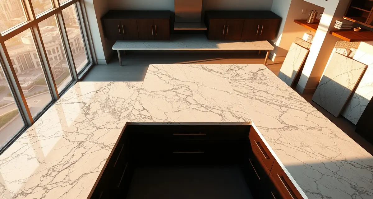 High-end granite and quartz countertop samples displayed in Tampa fabrication shop showing various material options and finishes available