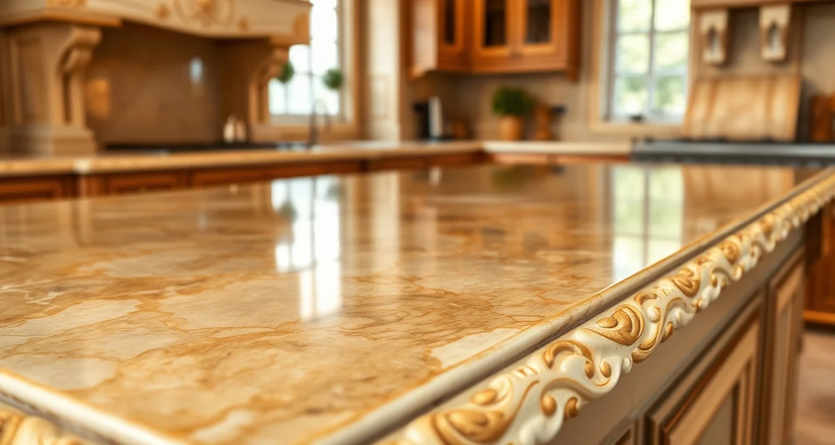 Elegant traditional kitchen countertop in natural stone with ornate edge profile and warm color palette showcasing classic design craftsmanship