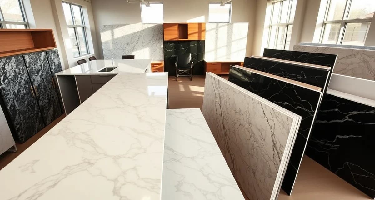 Countertop material samples for cost comparison Premium granite and quartz countertop samples showing various materials and edge profiles used for Tucson countertop pricing.