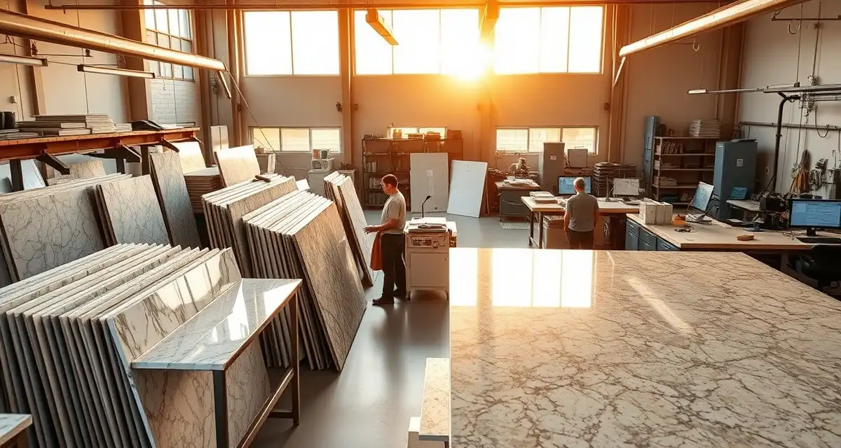 Modern countertop fabrication shop in Tucson, AZ with organized stone slabs, cutting equipment, and digital management software workstations