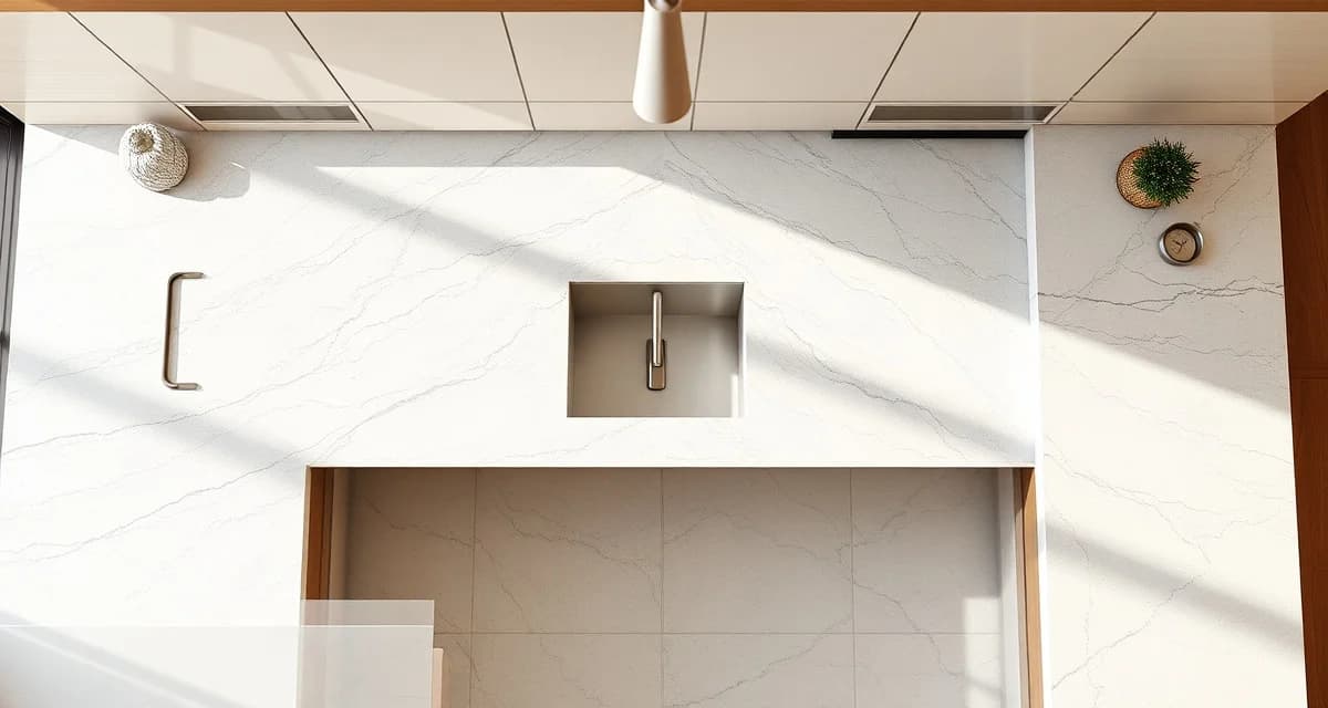 Overhead view of U-shaped kitchen countertop layout running along three walls with premium stone surfaces and multiple seams