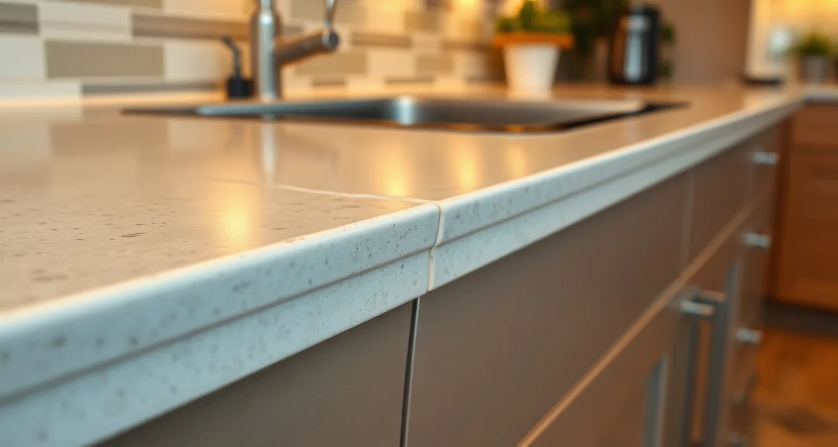Close-up view of sink separating from countertop showing water damage and gap between stone surface and sink edge