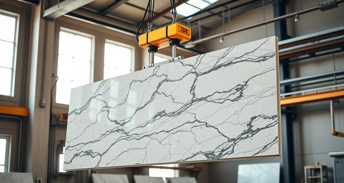Industrial vacuum lifter device with suction cups gripping a polished granite slab in a countertop fabrication shop workspace.