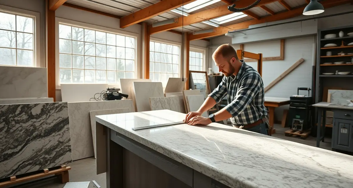 Vermont countertop fabrication craftsmanship Professional stone fabricator measuring a premium granite countertop slab in a modern Vermont fabrication shop workshop.