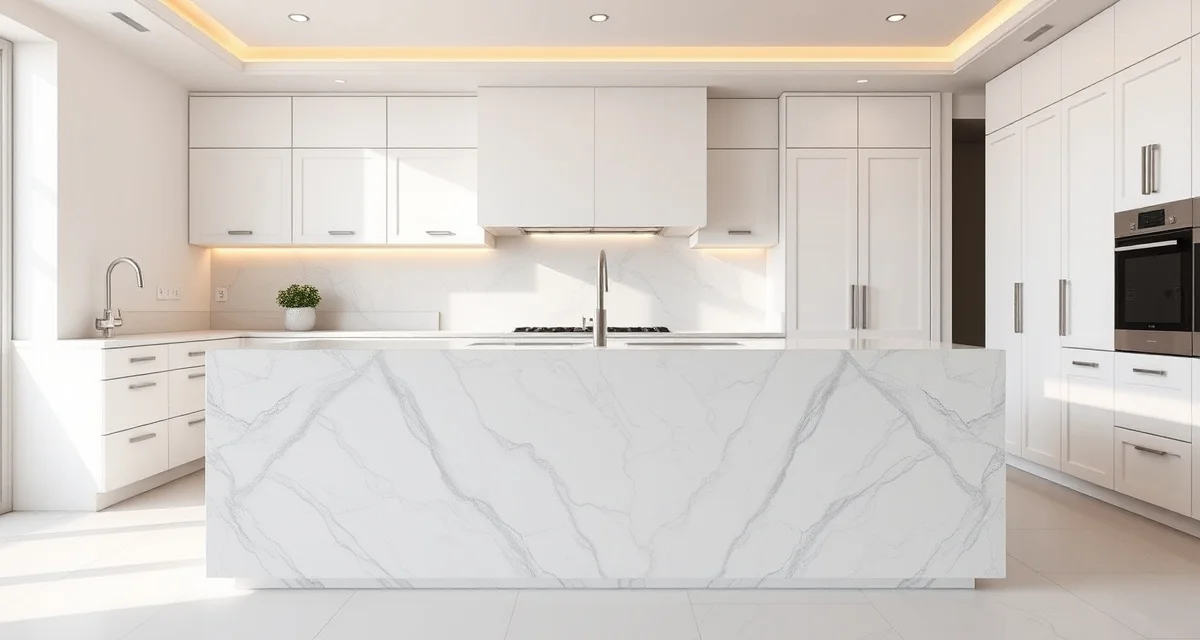 Modern kitchen island featuring an elegant waterfall edge countertop in marble, showing material flowing vertically down both cabinet sides with premium fabrication detail.