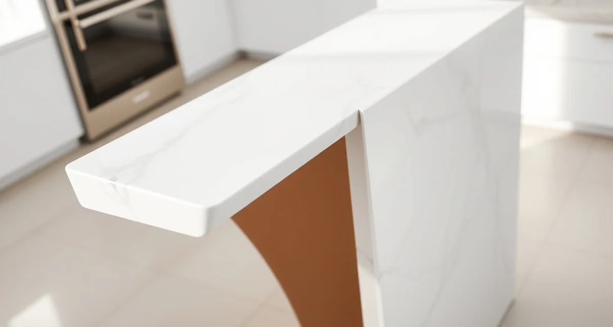 Modern kitchen island featuring a waterfall edge countertop in white marble flowing vertically down the cabinet side with a mitered seam