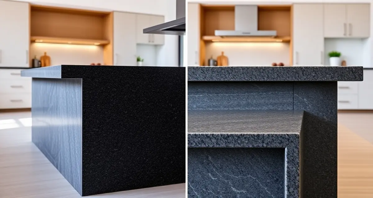 Side-by-side comparison of waterfall edge and mitered edge stone countertop finishes on modern kitchen islands with natural lighting.