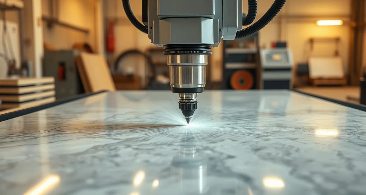 Waterjet cutting equipment for countertop fabrication Industrial waterjet cutter machine in stone fabrication shop demonstrating precision cutting capabilities for countertop production