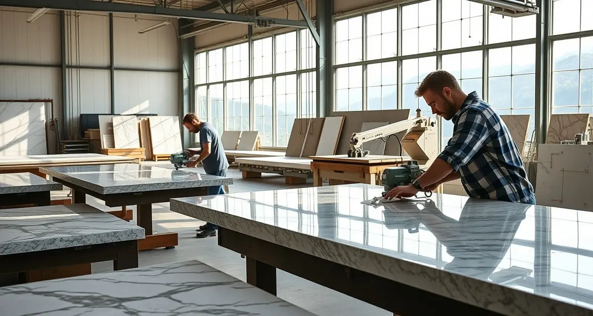 Professional countertop fabrication shop in West Virginia with workers cutting and finishing granite and quartz stone slabs using precision equipment.