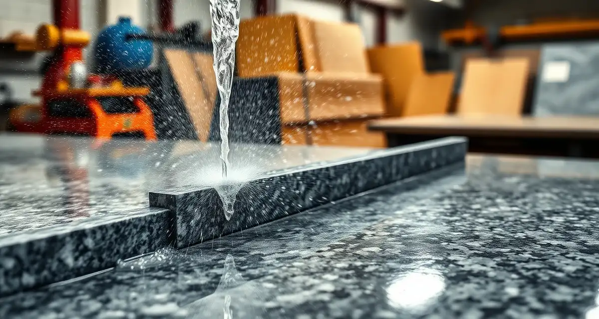 Close-up of wet cutting process on granite slab with water cooling the diamond blade during stone countertop fabrication.