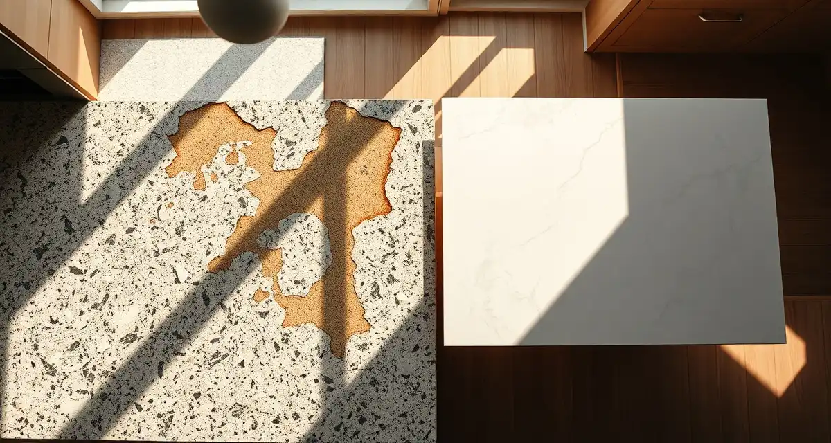 Comparison of damaged granite countertop with cracks versus new quartz countertop replacement in modern kitchen