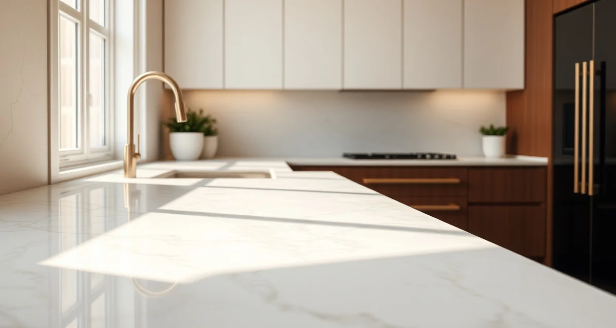 White kitchen countertops featuring marble and quartz surfaces with elegant veining and natural lighting in a modern kitchen design.