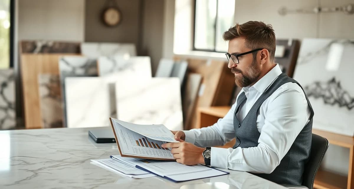 Stone countertop fabrication shop owner conducting year-end review of financial and production metrics