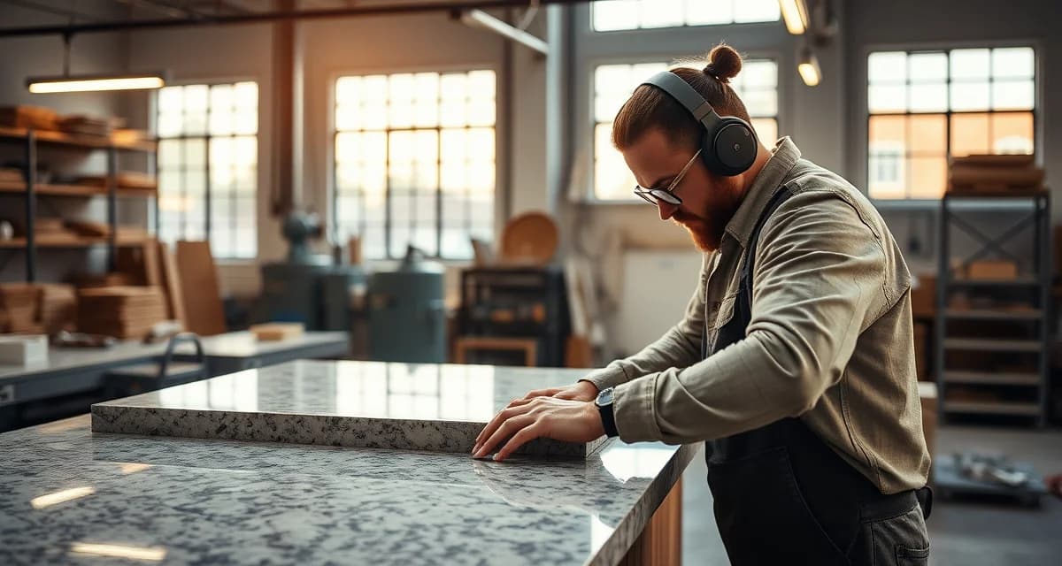 Professional countertop fabricator demonstrates expert stone cutting and fabrication process in modern shop environment