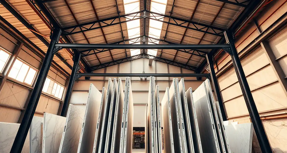Industrial stone slab storage solution Steel A-frame slab rack storing multiple granite and marble stone slabs vertically in a countertop fabrication shop warehouse