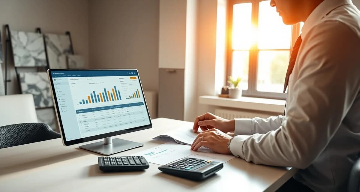 Fabrication Shop Accounting Software Dashboard Accountant analyzing financial data for stone countertop fabrication shop using specialized accounting software on computer