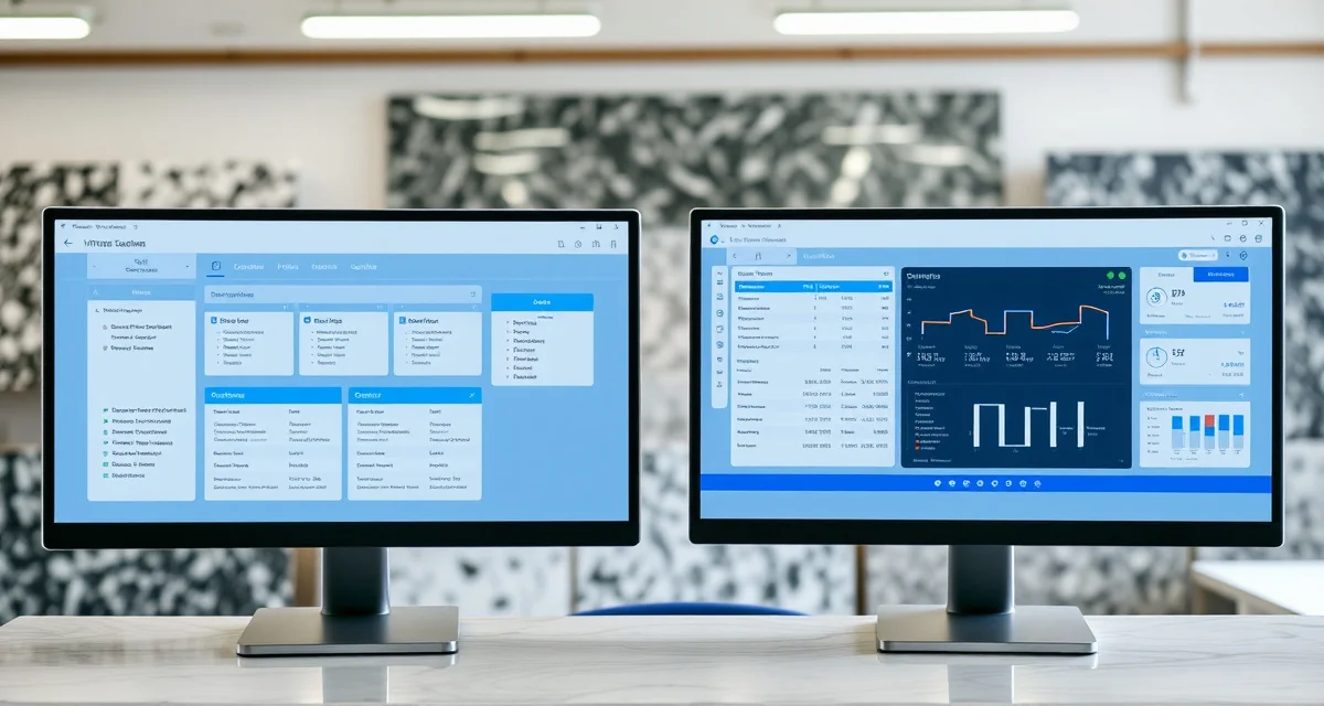 Fabrication software feature comparison visualization Side-by-side comparison of ActionFlow and Fab-Pak fabrication management software interfaces for countertop shops