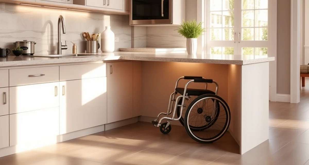 Wheelchair-accessible kitchen countertop design specifications ADA compliant stone countertop with wheelchair accessible knee clearance space underneath the counter surface