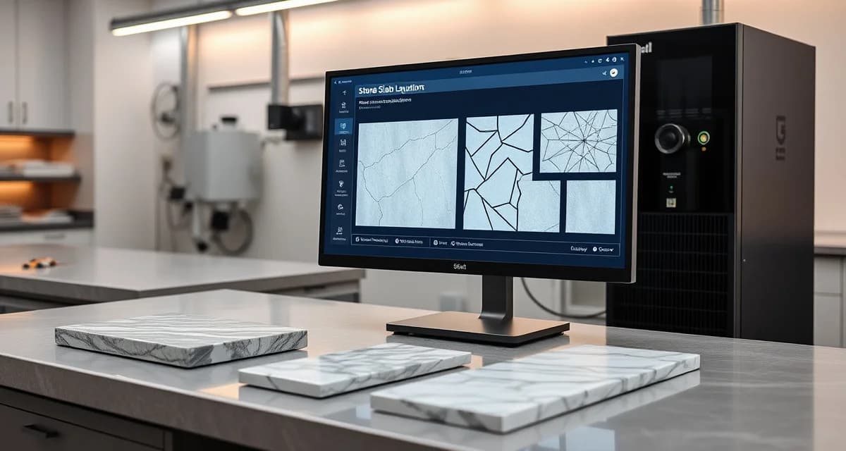 Artificial intelligence countertop fabrication management system AI software interface optimizing stone slab layouts and countertop fabrication designs on modern workstation.