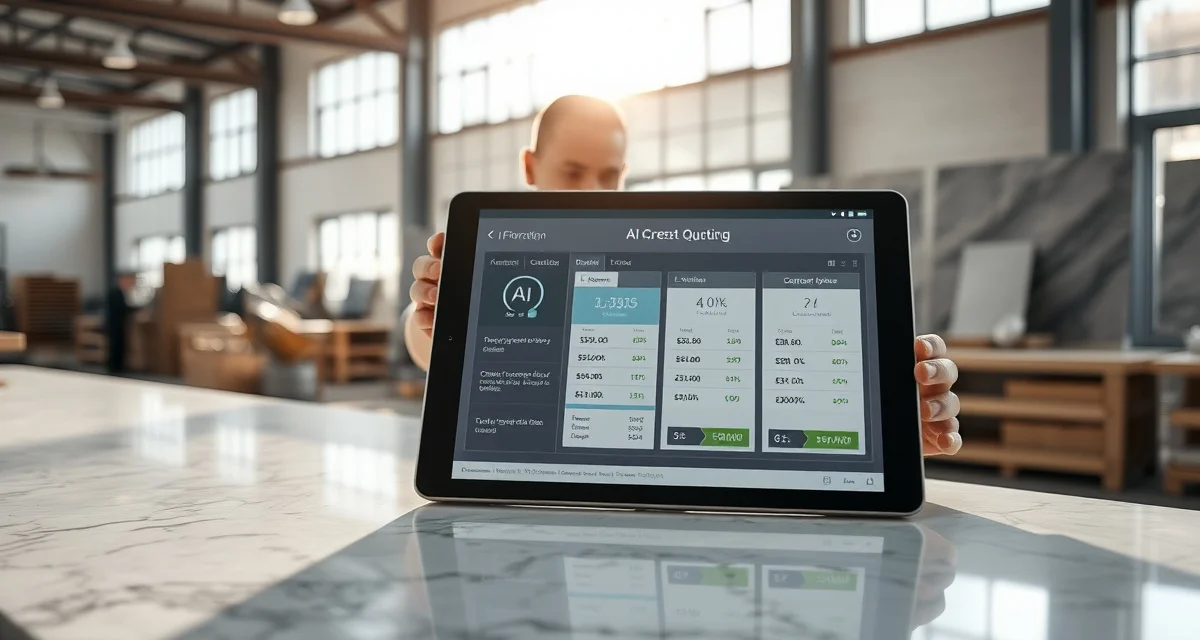 Digital quoting technology for stone countertops AI-powered countertop quoting software analyzing marble slab with automated price calculation on digital tablet in fabrication shop