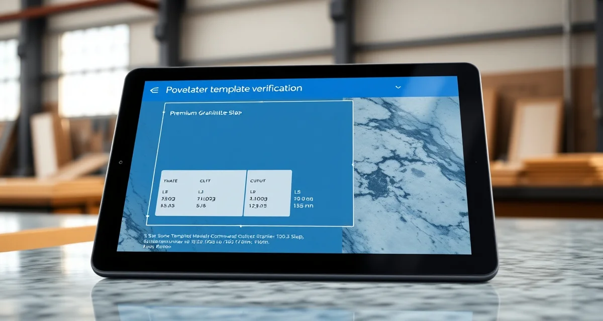 Digital quality control interface for stone countertop fabrication AI template verification system analyzing countertop dimensions and cutout positions on digital display for quality assurance