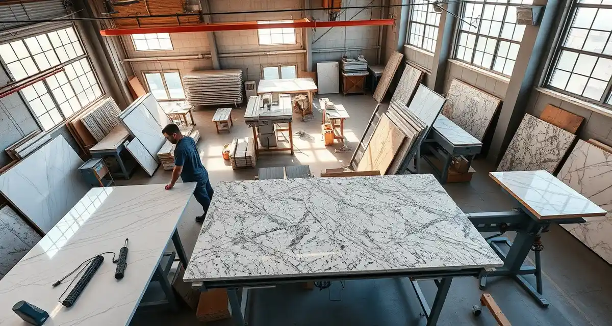 Alabama fabrication shop operations and stone cutting Modern countertop fabrication shop in Alabama with workers cutting granite and quartz slabs using precision equipment and advanced machinery.