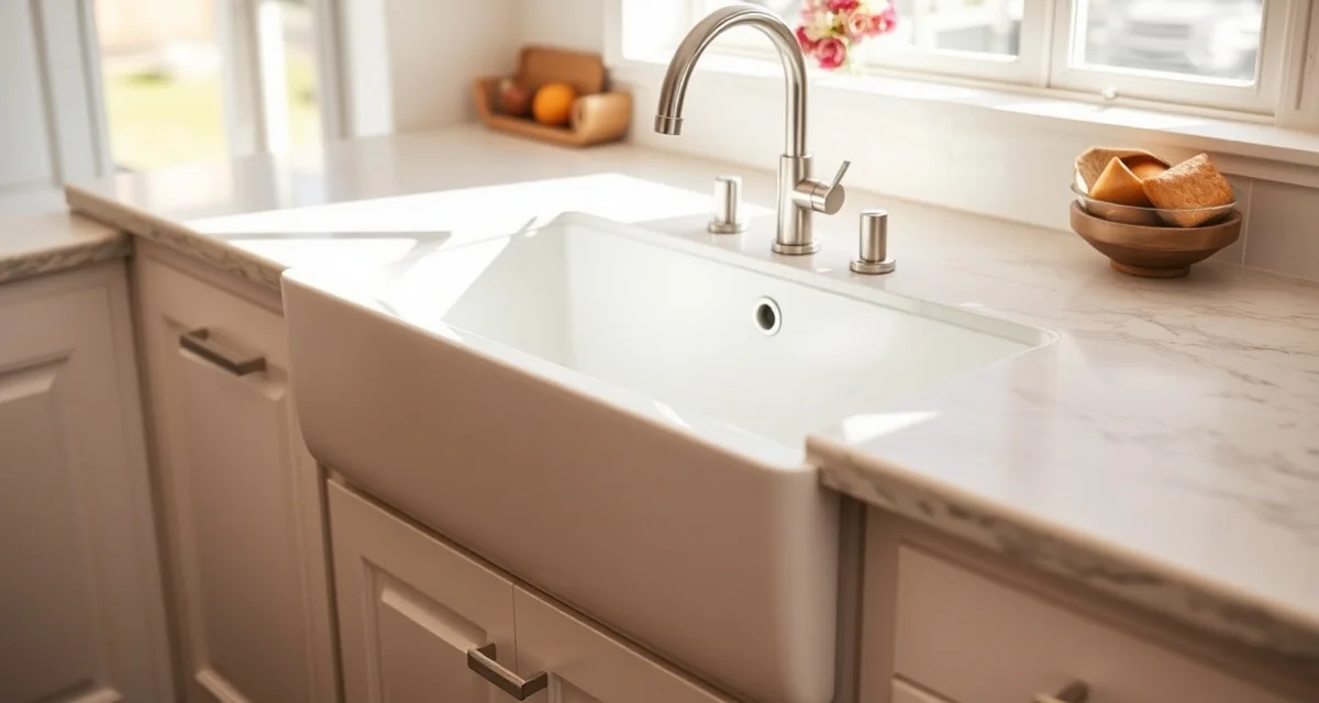 Apron Front Sink Installation Detail Apron front sink with visible front basin edge installed in white stone countertop, showing farmhouse sink design and fabrication cutout requirements