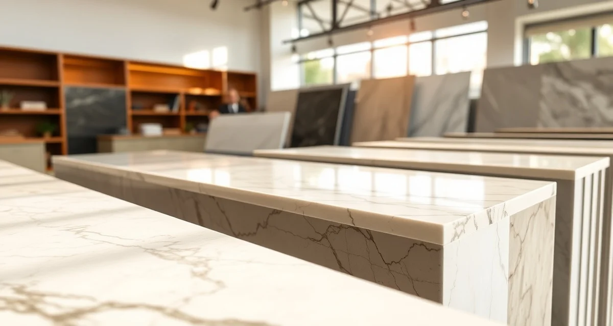 Premium stone surfaces from Arizona Tile distributor Arizona Tile natural stone and Della Terra quartz countertop samples displayed in showroom with various color options