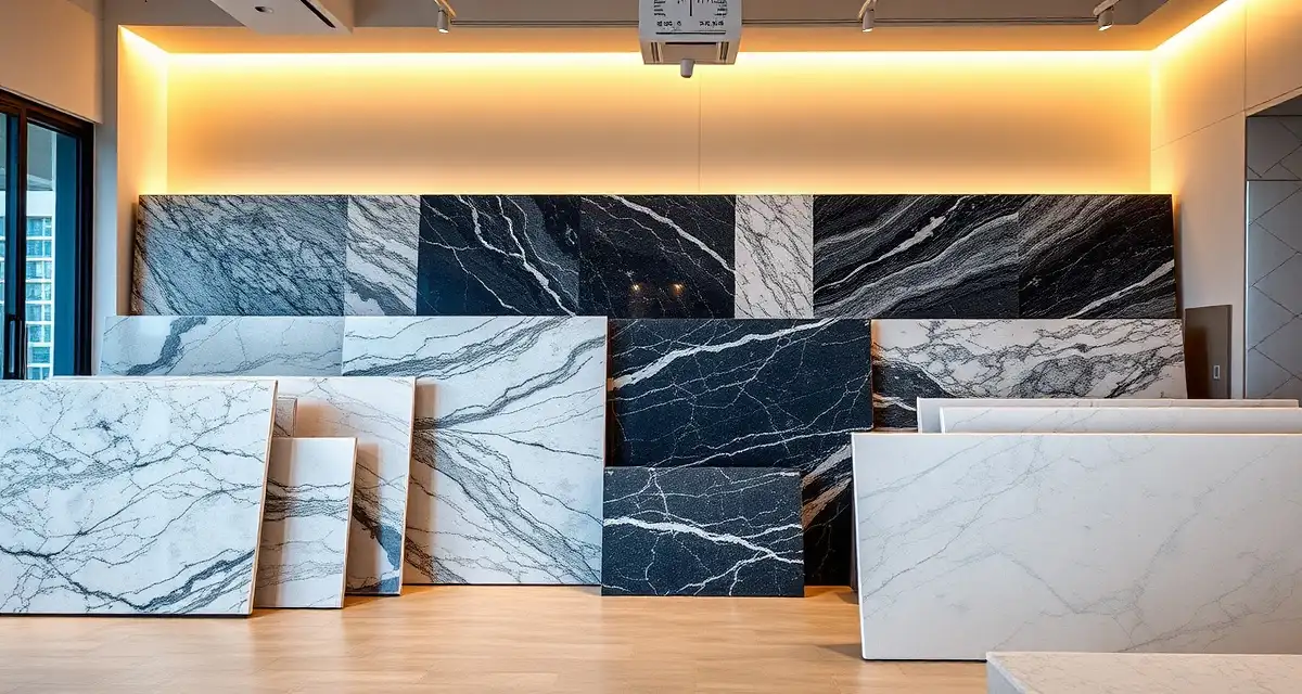 Arizona Tile distributor showroom materials Arizona Tile natural stone and quartz slabs displayed in a professional showroom with various countertop materials and finishes.