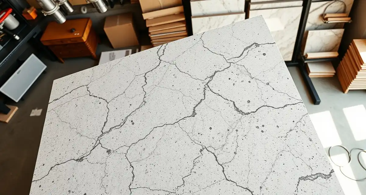 Professional stone fabrication materials and workshop overview Polished granite countertop sample displaying natural stone quality in Arkansas fabrication workshop setting.