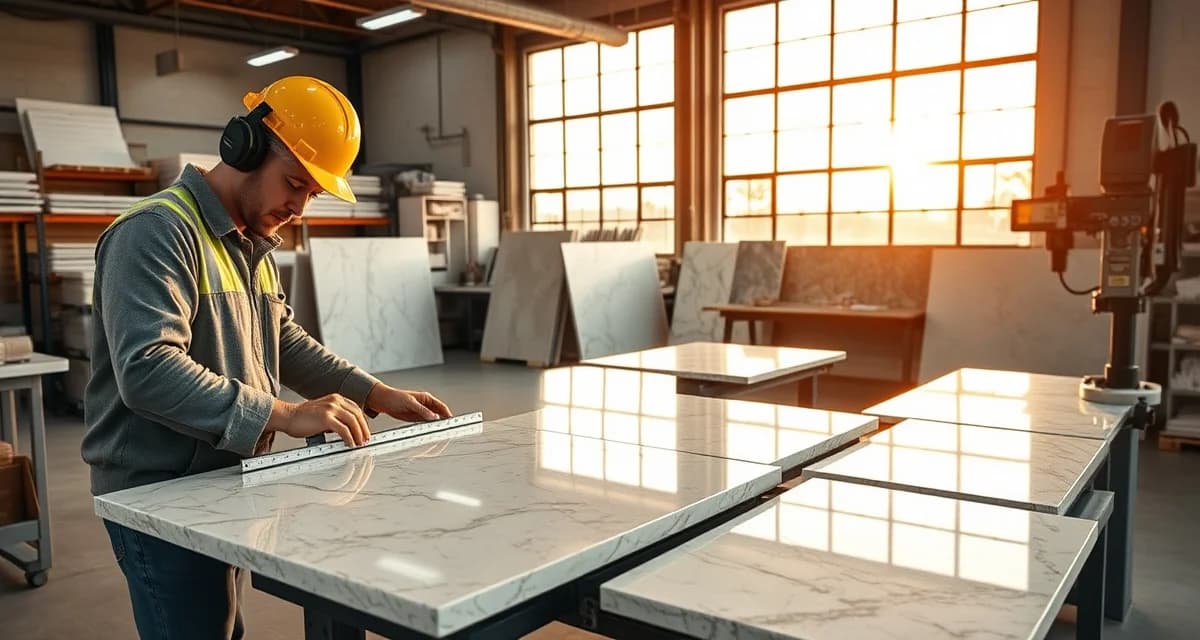 Modern countertop fabrication workflow Professional countertop fabrication shop in Austin, TX showing precision stone cutting and measurement processes for custom kitchen countertops.