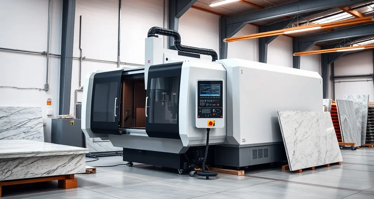 Advanced dual-function stone cutting technology Baca Robo SawJet CNC bridge saw and waterjet system for stone countertop fabrication and cutting