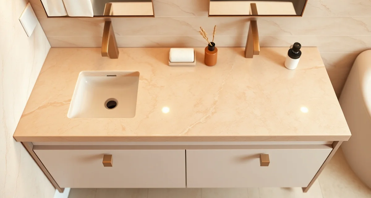 Premium marble bathroom vanity showcasing 2026 countertop design trends Luxury bathroom countertop featuring warm-toned natural marble with honed finish and spa-like design aesthetic for 2026 bathroom trends.